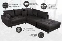 Modernes Ecksofa KENT 220cm dunkelgrau Cord inklusive Hocker Federkern Wohnlandschaft