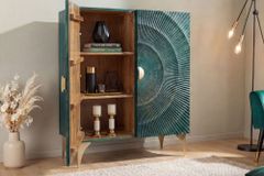 Massives Highboard GOLDEN SUNSET 120cm türkis gold Mangoholz mit 3D Schnitzereien