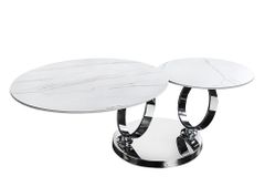 Design Couchtisch DANCING RINGS weiß rund drehbar Marmor Keramik Chrome Gestell