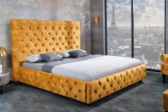 Queensize Doppelbett PARIS 160x200cm senfgelb Samt Chesterfield Design
