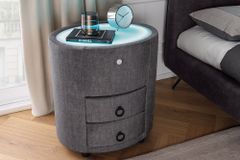 Nachttisch SIGNUM 55cm oval grau Vogue Seiden Samtstoff inkl. Beleuchtung Schubladen