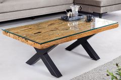 Massiver Couchtisch BARRACUDA 110cm antik natur Teakholz X-Gestell Glasplatte
