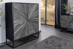 Massives Highboard BARRACUDA 120cm grau Mangoholz mit Teakholz-Front schwarz Metall
