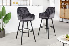 Design Barhocker MILANO grau Samt Barstuhl mit Lehne Metall schwarz Chesterfield-Steppung