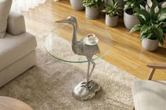 Runder Beistelltisch WILDLIFE HERON 90cm silber Metall Glas Fischreiher Skulptur handmade