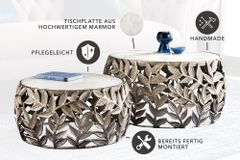 Rundes 2er Set Couchtische ABSTRACT LEAF 70cm weiß silber Marmor Metall Blatt-Design