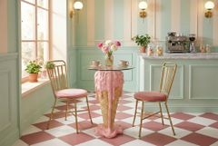 Einzigartiger Bistrotisch ICE CREAM 75cm beige rosa runde Tischplatte Glas handmade