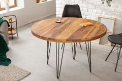 Runder Esstisch MAKASSAR 120cm braun Sheesham Massivholz stone finish Hairpin Legs