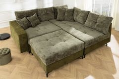 Ecksofa KENT 220cm grün Bicolor Chenille Federkern inkl. Hocker und Kissen