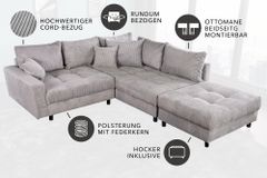 Modernes Ecksofa KENT 220cm hellgrau Cord inkl. Hocker Federkern L-Form Wohnlandschaft