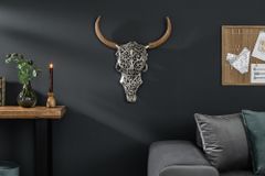 Extravagante Wanddekoration EXOTIC BULL 60cm silber Mangoholz Stierkopf