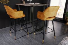 Design Barhocker PARIS senfgelb Samt mit Lehne Metall schwarz gold Ziersteppung