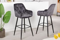 Design Barhocker MILANO grau Samt Barstuhl mit Lehne Metall schwarz Chesterfield-Steppung