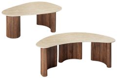 2er Set Couchtische OSAKA 120cm champagner greige Travertin Keramik Walnuss