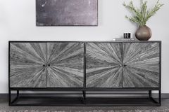 Massives Sideboard BARRACUDA 180cm grau Mangoholz mit Teakholz-Front schwarz Metall