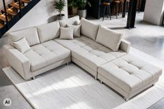 Wohnlandschaft KENT 220cm beige Strukturstoff  Ecksofa Federkern inkl. Hocker