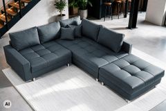 Moderne Wohnlandschaft KENT 220cm anthrazit Ecksofa Federkern inkl. Hocker und Kissen