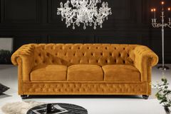 Barock Sofa CHESTERFIELD 205cm senfgelb Samt Federkern Knopfheftung 3-Sitzer Couch