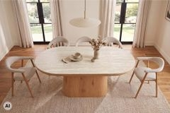 Ovaler Esstisch UNIQUE 200cm beige natur Travertin Eiche mit Säulenfuß