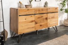 Massivholz Sideboard LIVING EDGE 160cm Wildeiche Metall schwarz Baumkante mit Schubladen