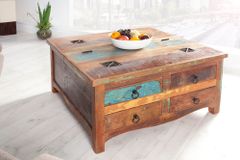 Massiver Couchtisch JAKARTA 70cm bunt Truhe aus recycelten Fischerbooten Holz mit Schubladen