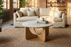 Runder Couchtisch ENSO 80cm weiß Marmor Keramik Eichenholz