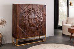 Massives Highboard LION 120cm braun Mangoholz gold Metall 3D Schnitzereien Kunstwerk