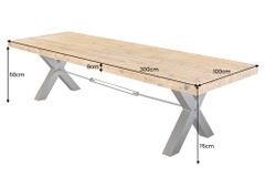 Massivholz Esstisch THOR 300cm vintage braun Pinie recycelt Industrial Design Eisen X-Gestell