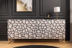 Massivholz Sideboard VULCANO 180cm weiß schwarz Mangoholz mit 3D Schnitzereien handmade Metallgestell gold