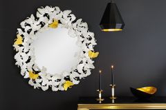 Dekorativer Wandspiegel GINKGO LEAFS XL 90cm gold silber rund aus Metall handmade