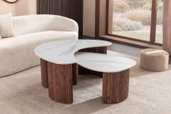 2er Set Couchtische OSAKA 120cm weiß Marmor Keramik Walnuss