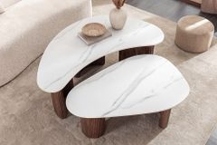 2er Set Couchtische OSAKA 120cm weiß Marmor Keramik Walnuss