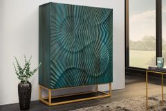 Massives Highboard SCORPION 120cm türkis Mangoholz mit 3D Schnitzereien gold Metall