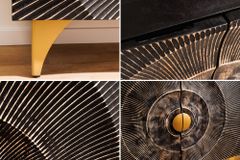 Massives Sideboard GOLDEN SUNSET 100cm schwarz Mangoholz 3D Schnitzerei gold Metall