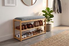 Stilvolle Schuhbank ZEN-BO 80cm natur grau Bambus Regal Sitzbank mit Stauraum