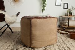 Retro Sitzpouf MUSTANG 45cm Lederbezug mit Leinen Sitzwürfel