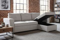 Ecksofa mit Schlaffunktion APARTMENT beidseitig aufbaubar beige Strukturstoff inkl. Stauraum