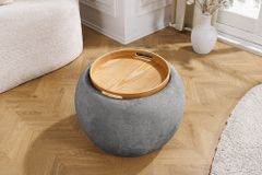 Runder Couchtisch ORBIT 50cm grau Bouclé Hocker mit Tablett und Stauraum