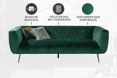 Design 3-Sitzer Sofa NOBLESSE 225cm smaragdgrün Samt Federkern goldene Metallfüße