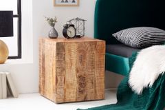 Massiver Beistelltisch FACTORY 45cm natur Mangoholz geflammt auf Rollen