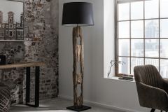 Massive Stehlampe BARRACUDA 177cm natur Akazie Baumwollschirm schwarz Baumstamm