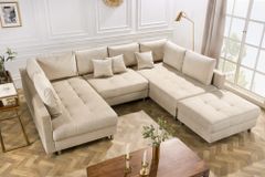 XXL Wohnlandschaft KENT 305cm champagner beige Vogue Velours Samt Federkern mit Hocker