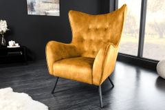 Design XL Sessel AMSTERDAM senfgelb Samt schwarze Metallbeine Retro Stil