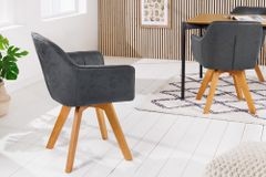 Design Stuhl LOFT antik grau Microfaser drehbar massiv Buchenholz mit Armlehne