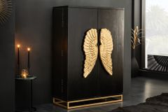 Extravaganter Barschrank ANGEL 140cm schwarz Mangoholz mit goldenen Flügeln