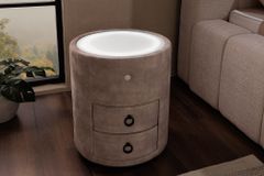 Runder Nachttisch SIGNUM 55cm champagner beige Vogue Seiden Samtstoff inkl. Beleuchtung