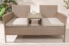 Moderne Gartenbank PORTOFINO 140cm natur beige Polyrattan Sitzbank mit Tisch wetterfest