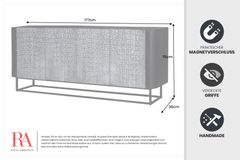 Handgefertigtes Sideboard CROCO 180cm grau schwarz Mangoholz mit 3D Schnitzereien massiv Metall