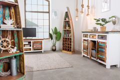 Einzigartiges Sideboard JAKARTA 160cm weiß bunt recyceltes Massivholz aus Fischerbooten