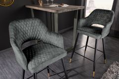Design Barhocker PARIS grün Samt mit Lehne Metall schwarz gold Ziersteppung